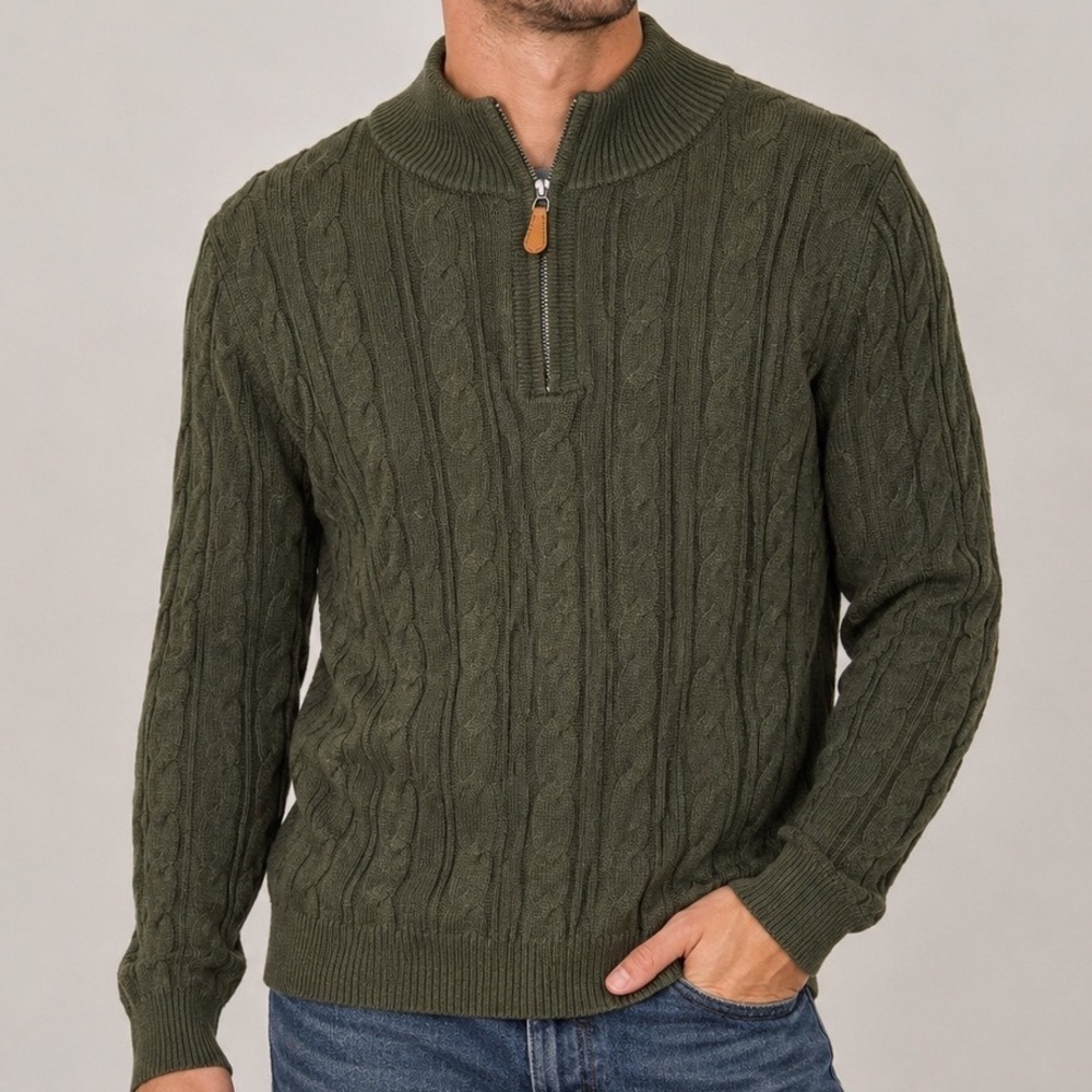 JMIERR Men's XL Cable Knit Quarter Zip Sweater Olive Green Preppy Fisherman NWT